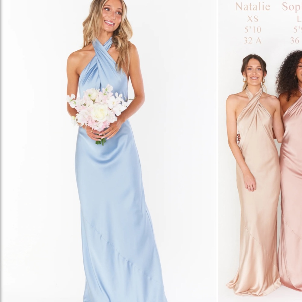 Show Me Your Mumu Jasmine Halter Maxi Dress in Steel Blue Luxe Satin